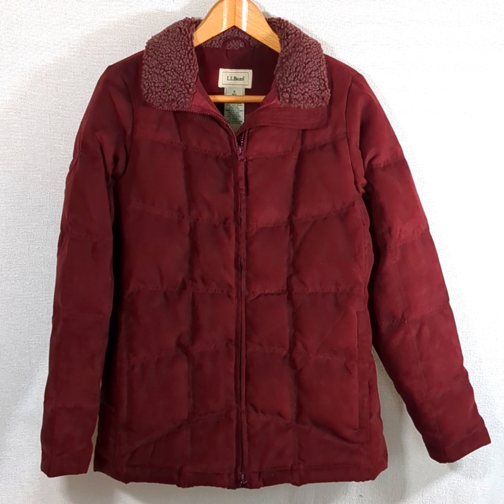 L.L.Bean Faux Suede Down Puffer Jacket Size Small Sherpa Collar Wine